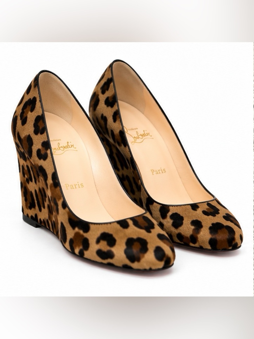 Christian Louboutin Leopard Pony Hair Wedge Pumps (Size 39) Red Sole